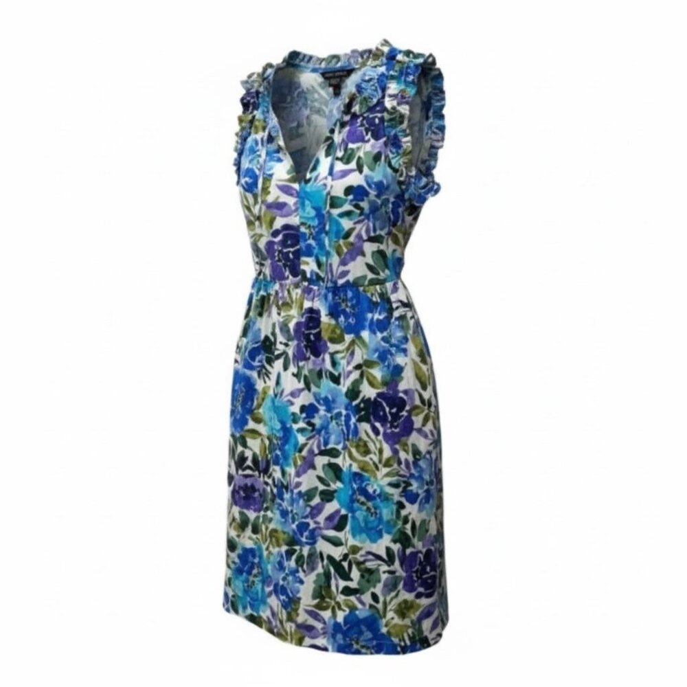 Floral Sleeveless Ruffle Dress By Maggy London Blue & Green US 6 Cotton Blend Ma